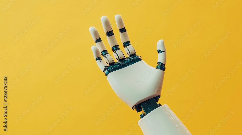 Poster a robotic hand with its palm facing up appearing to hold or present something against a neutral back