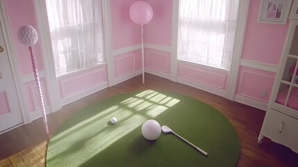 Playful Pink Decorated Room with Green Carpet and Soft Light Filtering Through Windows