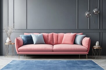 Cozy living room with grey walls, pink sofa, and blue rug with a wooden coffee table. Interior design of a modern home entryway