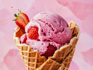A vibrant scoop of strawberry ice cream in a waffle cone, with chunks of real strawberries visible, set against a pastel pink background.