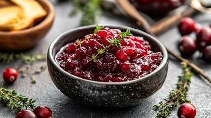 A modernist deconstructed cranberry sauce dish, with individual ingredients arranged in a stylish, avant-garde manner
