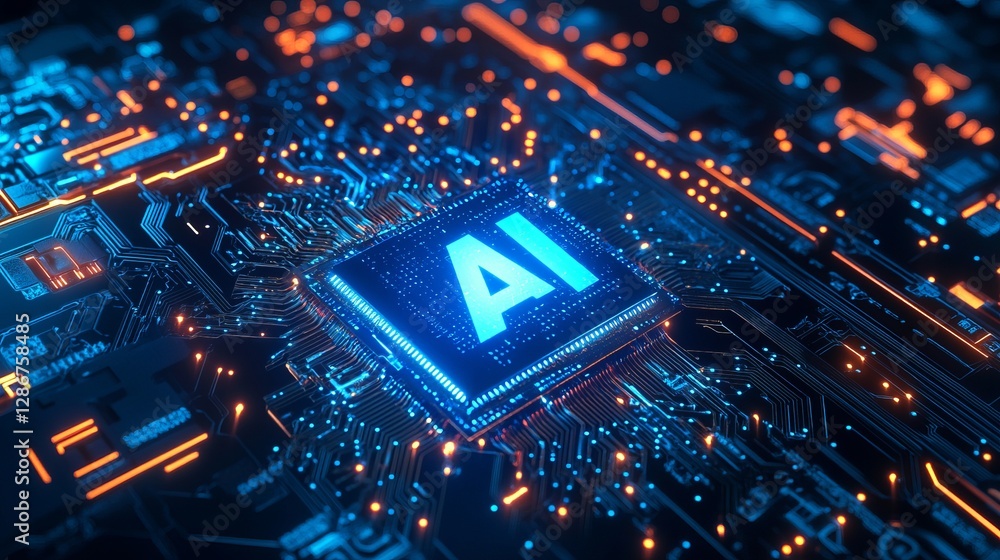 Poster an abstract digital hand presenting an ai computer chip representing technological innovation and th