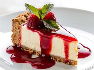 A slice of creamy New York cheesecake with a graham cracker crust, topped with a glossy raspberry sauce and fresh mint leaves.