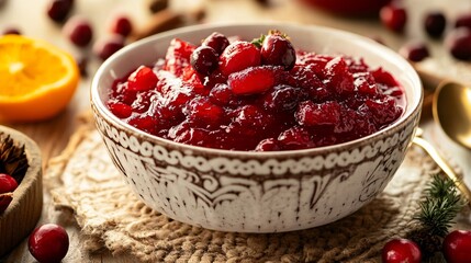 A modernist deconstructed cranberry sauce dish, with individual ingredients arranged in a stylish, avant-garde manner