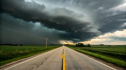 Stormy Highway Under Dark Clouds with Dramatic Sky and Green Fields in Rural Landscape