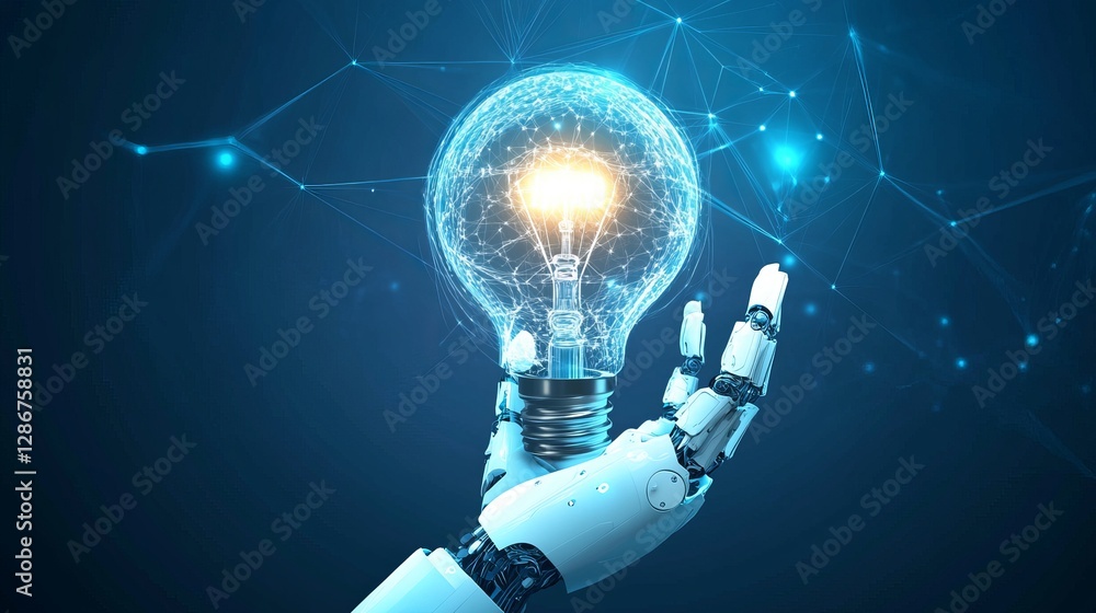 Poster an ai robotic hand holding a glowing globeshaped light bulb symbolizing artificial intelligence as a