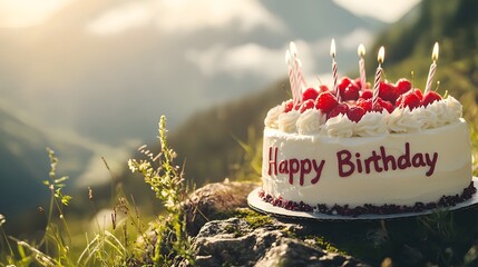 A delicious birthday cake sits on a picnic blanket against the backdrop of a breathtaking mountain landscape  Candles are lit and the words  Happy Birthday  are written in the clouds above