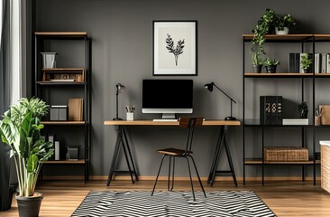 Minimalist home office with a wooden desk, a black and white striped rug on the floor, grey walls, framed posters on the wall, a wooden shelf for plants or decor items