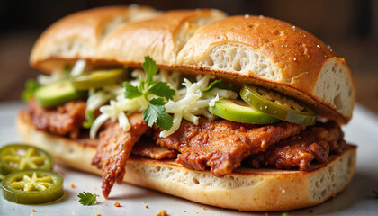Delicious carnitas torta with fresh toppings, culinary delight