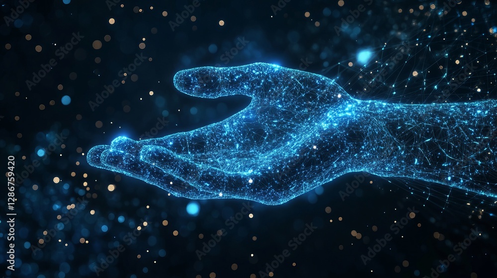 Poster a 3drendered holographic digital hand representing artificial intelligence and deep learning technol