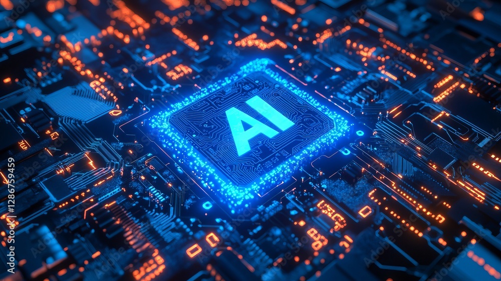 Poster an abstract digital hand presenting an ai computer chip representing technological innovation and th