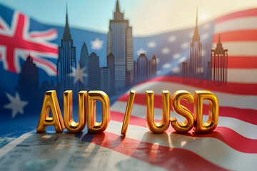Gold volumetric letters AUD/USD against the background of a cityscape with high-rise buildings and the flags of the USA and Australia. Currency market. Finance.