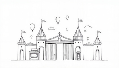 Fototapeta premium Minimalist amusement park entrance illustration with balloons, excitement
