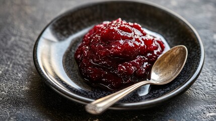 Fototapeta premium A single, carefully placed dollop of cranberry sauce on a sleek black plate, with a tiny silver spoon beside it