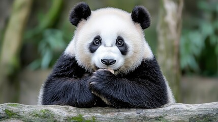 Fototapeta premium Cute panda cub eating bamboo, forest background, wildlife conservation