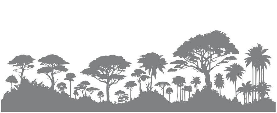Tropical landscape black silhouette vector illustration. Exotic flora, palm trees and hills. Monochrome rainforest vegetation, jangle plants vector