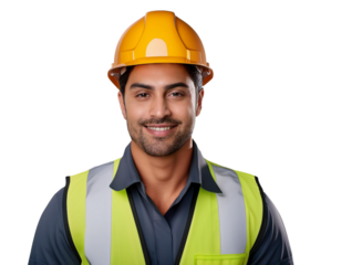 Factory supervisor wearing a hard hat and safety vest, isolated on transparent