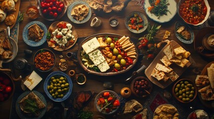 Fototapeta premium Vibrant Spread of Mediterranean Cuisine Featuring Fresh Ingredients and Artful Presentation