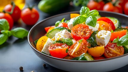 Appetizing Greek Salad with Ripe Cherry Tomatoes Crisp Cucumber Tangy Feta Cheese and Fragrant Basil Leaves Drizzled with Flavorful Olive Oil Served in a White Ceramic Bowl
