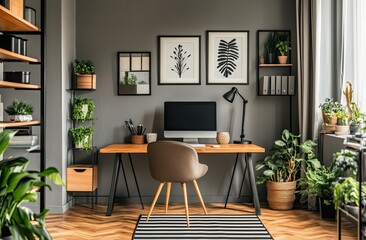 Modern home office interior with a wooden desk, a black and white striped rug on the floor, a grey wall with framed posters and lamps