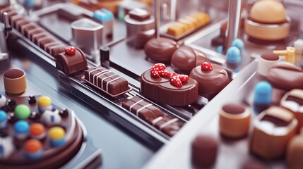 Chocolate candies on the conveyor belt in a candy factory, sweets being processed on an automatic line, top view