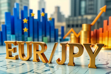 Gold volumetric letters EUR/JPY against the background of the EU flag, coins and stock charts. Currency market. Finance