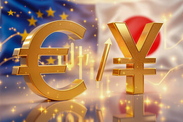Gold three-dimensional euro and yen symbols against the background of the US and Japanese flags. Currency market. Finance.