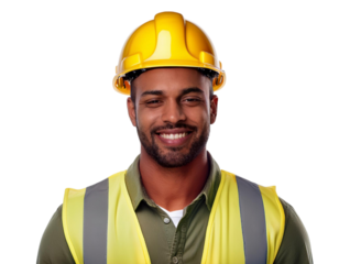 Portrait of a smiling construction worker in a yellow helmet, isolated on white