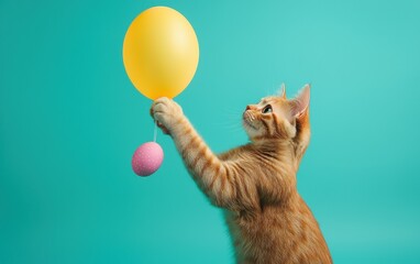 Fototapeta premium Mischievous cat pawing at a floating Easter balloon on a deep aquamarine background Easter