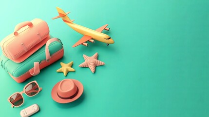 Summer vacation concept, 3D illustration of airplane and vacation attributes