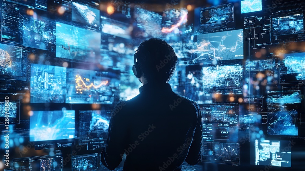 Poster person observing digital data streams futuristic technology interface screens blue network big web c