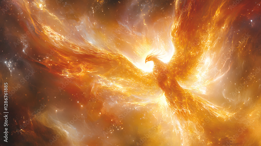 Aufkleber bird in flight soaring through a colorful nebula with vibrant colors and stars in the background