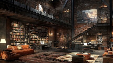 Grand Library Interior with Bookshelves, Staircase, and Comfortable Seating Area