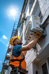 A technician wearing a safety helmet and vest carefully installs an air conditioning unit on the wall of a building. Blue sky and sunlight enhance the outdoor work environment