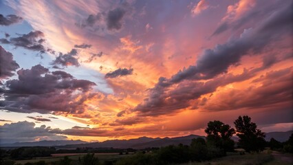 Obraz premium Dramatic Fiery Sunset Sky over Mountains and Rural Landscape