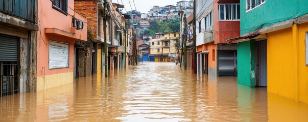 A street is submerged in floodwaters, showcasing damaged buildings and muddy water reflecting the aftermath of heavy rainfall.