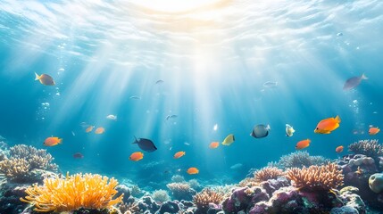 Fototapeta premium Underwater Scene with Colorful Marine Life and Sunlight Glimmering Through the Ocean Surface