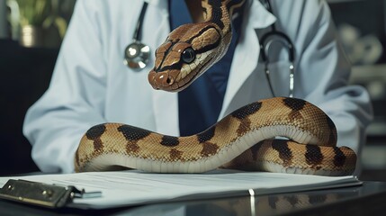 Naklejka premium Conceptual of a snake coiled around a clipboard wearing a doctor s white coat in an unexpected and humorous medical professional scene
