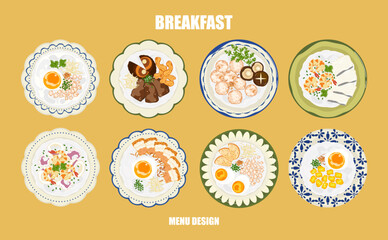 Vector illustration set of Thai breakfast for meals and single dishes. Healthy food, various delicious food, porridge, soft-boiled eggs, fish, shrimp, top view. Menu, restaurant for food design.
