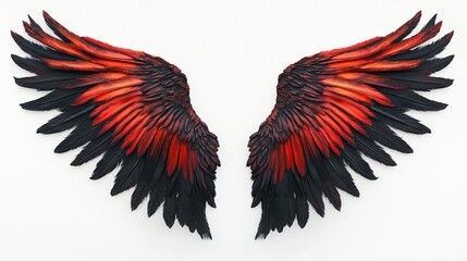 Obraz premium A pair of large, detailed wings, spread wide. The wings are predominantly red and black, with a mix of shades and gradations. The feathers are meticulously depicted, showing texture and depth. 