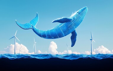 A digital whale swimming above wind turbines, blending nature and technology harmoniously.