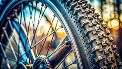 Close-up of bicycle wheel and tire tread with intricate patterns and textures, rotational