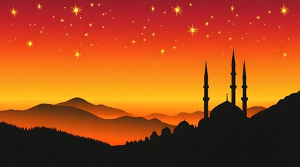 Silhouette of a Mosque Against a Vibrant Sunset Sky with Stars and Mountain Horizon