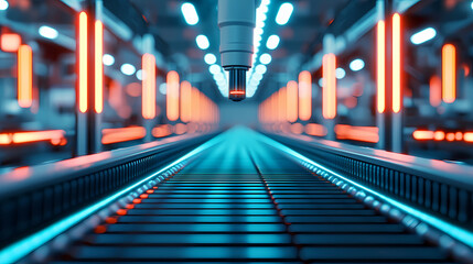 Fototapeta premium A futuristic conveyor system with glowing lights and a focused perspective, suggesting advanced technology in a manufacturing environment.