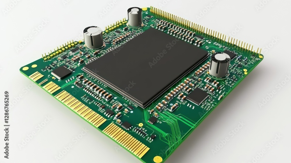 Poster close-up of green circuit board with integrated chips and components