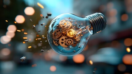 Futuristic steampunk inspired holographic light bulb with intricate golden gears floating inside emitting digital sparks and a swirling sci fi energy flow showcasing ultra HD details and a creative