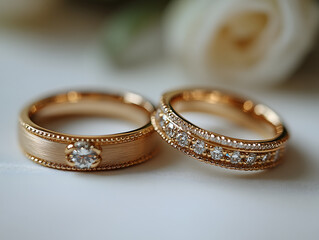 Elegant Gold Wedding Rings With a Diamond, Symbolizing Love and Commitment During a Wedding Ceremony Held in a Serene Location