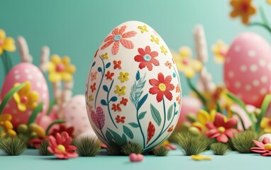 Fototapeta premium Easter egg with floral embroidery-inspired design on a cheerful background