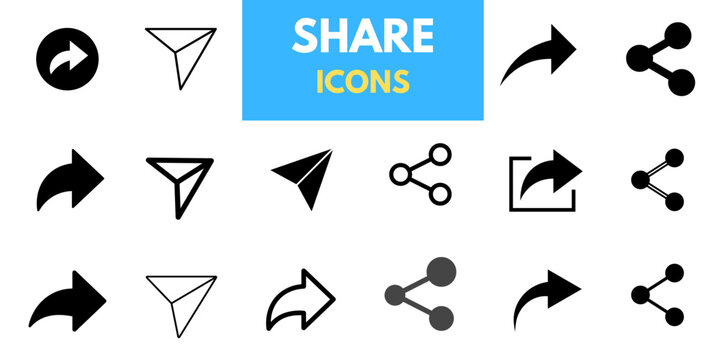Set of share icons: arrow symbol, reply, send, and forward buttons; message send icon; upload icon; connection symbol; network sharing icon.
