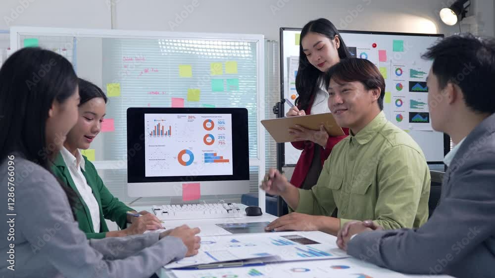 Poster professional business team analyzing financial data on computer screen, collaborating during strateg